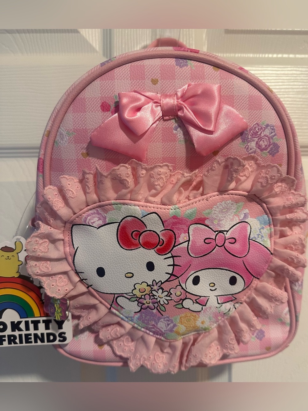 Hello Kitty Mini Backpack 10.5” Pink Heart Ruffle with Satin Bow Accent New